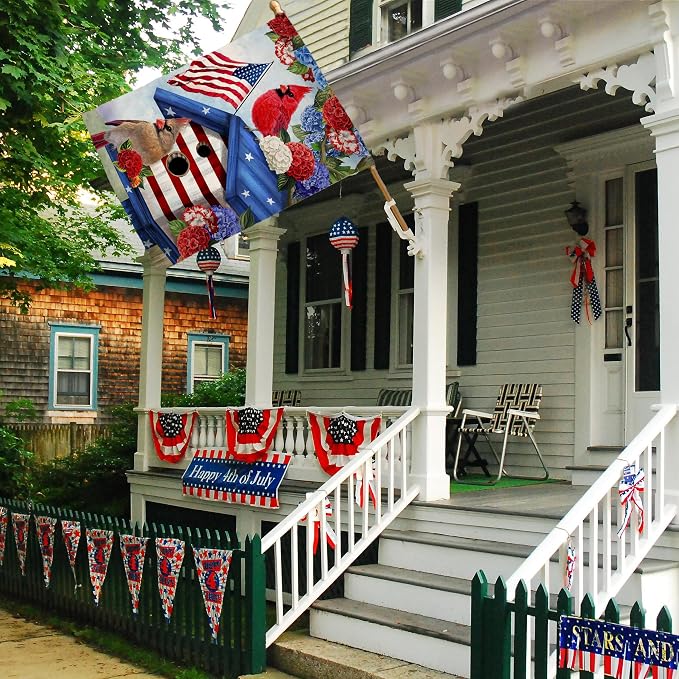 BLKWHT 4th of July Cardinal Bird House Flag 28x40 Vertical Double Sided Red Blue Floral Memorial Day Independence Day Holiday Outside Decorations Burlap Yard Flag BW824-40
