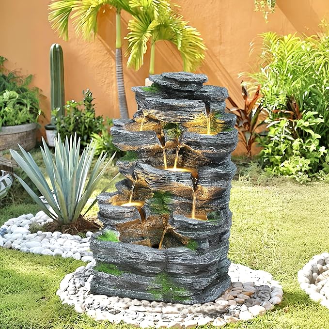 Garden Fountains Outdoor, 7-Tiers Cascading Rock Water Fountain, 24.4" H Waterfall Fountain Indoor with 6 LED Lights and Moss for Patio, Yard and Home Art Decor, Natural Stone Look