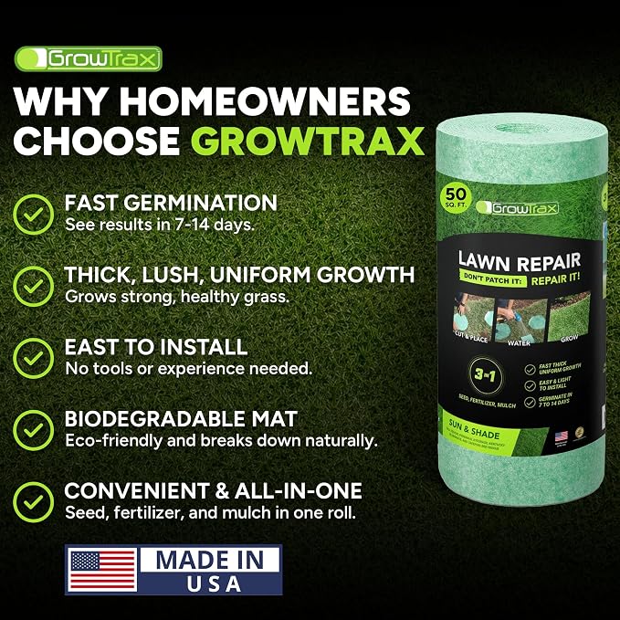 Growtrax Biodegradable Grass Seed Mat, Year Round Green - 50 Sq Ft Quick Fix Roll - Growing Solution for Lawns, Dog Patches and Shade - Just Roll Water & Grow -Not Fake or Artificial Grass