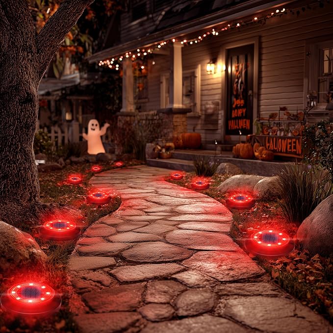 Flacchi Solar Ground Lights - Solar Powered Lights Outdoor Solar Disk Light Waterproof Landscape Light for Patio Yard Pathway Walkway Driveway (Red, 12 Pack)