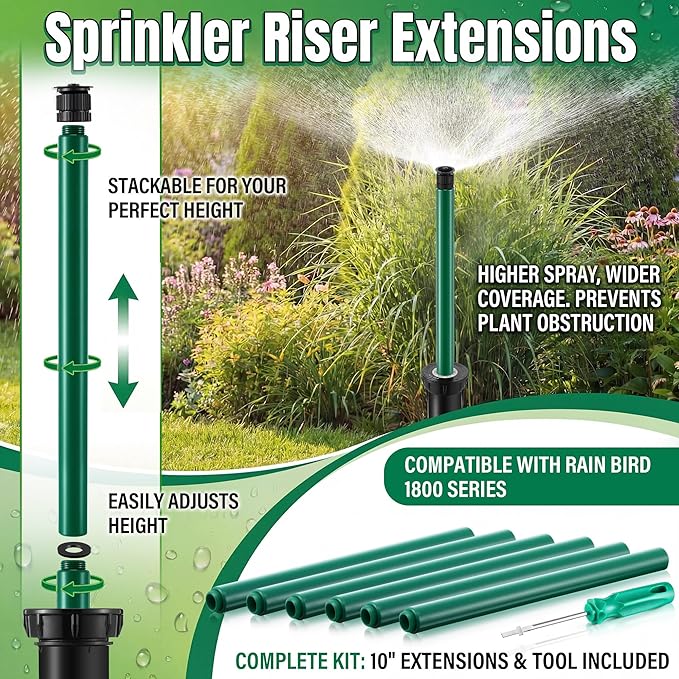 10" Popup Riser Extension Compatible with Rain Bird 1800 Series& Hunter Pro-Spray Sprinklers, Sprinkler Head Riser Extender with RotorTool, Garden Lawn Irrigation Spray Head(4 Set,Green)