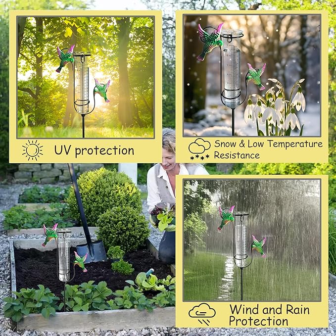 Rain Gauge Outdoor with Thermometer, 7" Freeze Proof Rain Gauges Outdoors Best Rated, Accurate & Easy to Read, Decorative Rain Measure Gauge for Yard Garden Patio (Hummingbird)