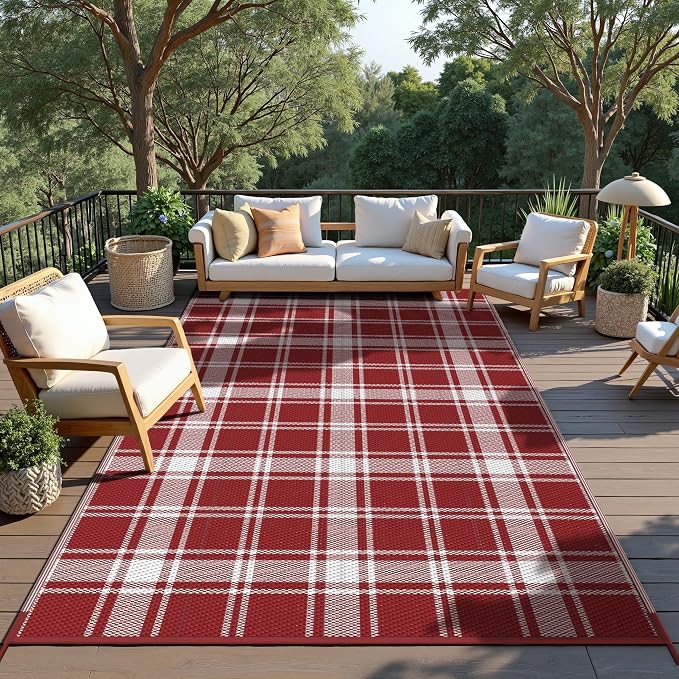 GENIMO Waterproof Outdoor Rug for Patio Clearance, 3'x5' Reversible Plastic Straw Rugs, Lightweight RV Camping Mat for Camper, Balcony, Deck, Backyard, Picnic, Red White Plaid