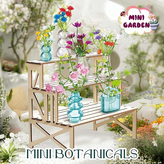 70 Pcs Make It Miniature Brands Nature Garden Plants Set with Wood Display Stand, Mini Botanical Collectibles, Paper Flower Bouquet DIY Craft Kit, Mini Greenhouse Toy Gift for Kids and Adults (Blue)