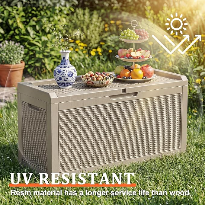 EasyUp 70 Gallon Deck Boxes Outdoor Waterproof, Resin Outside Storage Box for Patio Cushion Furniture Pool Accessories Garden Tools Indoor Outdoor Storage Bench (70 Gallon, Grey)
