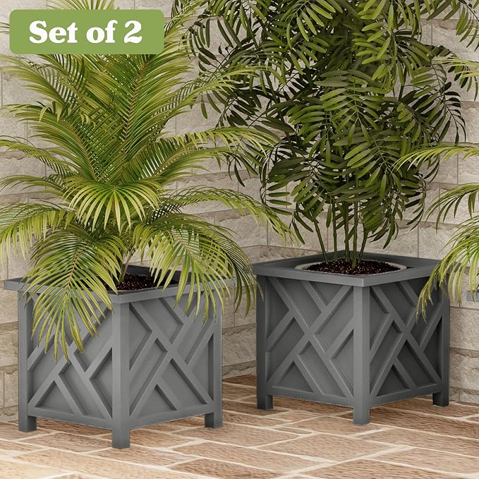 Lattice Design Outdoor Planter Box 2-Pack - 14.75” Square 13” Tall Gray Decorative Plant Pots for Front Porch Decor - Flower Pots Outdoor Planters for Porch Patio or Garden Decor by Pure Garden