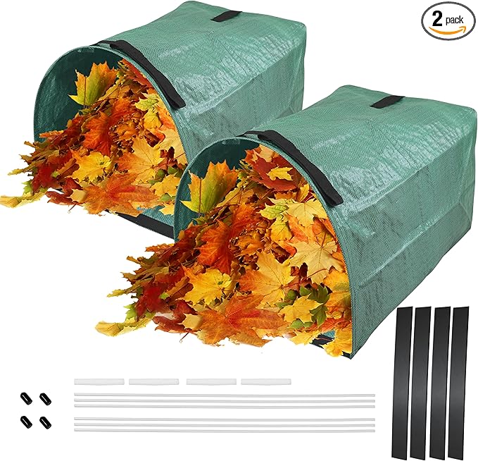 2 Pack 53-Gallon Reusable Leaf Bags with Flat Bottom Design - Dustpan Style Garden Bags for Easy Yard Waste Collection, Lightweight & Foldable