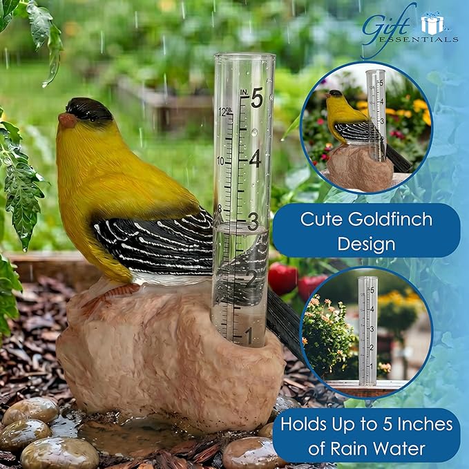Gift Essentials Goldfinch Decorative Rain Gauge Outdoor - Resin Bird Figurine on Rock Base - Removable Tube Measures Up to 5 Inches of Rainfall - Garden Decor Gift