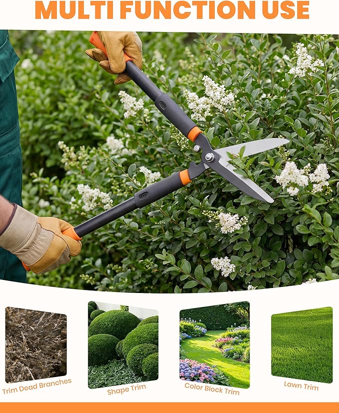 Hedge Shears, 31-Inch Garden Shears with Adjustable Handle, Sharp Blade & Comfortable Grip, Hedge Clippers for Hedges - Black/Orange