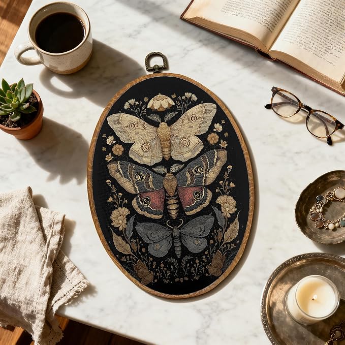 DOFQZ Dark Academia Butterfly Round Wall Art Decor, Vintage Moody Butterfly Framed Wall Art, Dark Cottagecore Flower Moth Canvas Wall Hanging Decor for Home Bedroom Living Room, 8.6x11.4