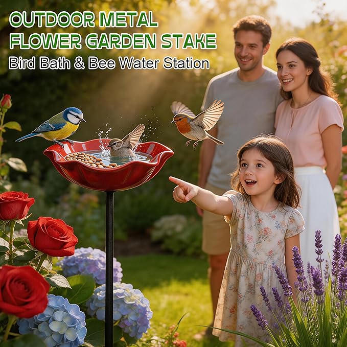 Handmade Metal Flower Garden Stake with Bird Bath & pollinator Water Station, Bee Bath for Garden Metal Bee Water Feeder with Flower Design for Outdoor Yard Decor (2 PCS)