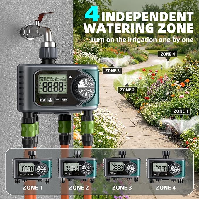 Sprinkler Timer for Outdoor Hose Faucet 4 Zone, Programmable Hose Timer with Rain Delay/Manual/Automatic Watering System, Water Timers for Garden Hose, Digital Drip Irrigation for Yard Lawn Outdoor