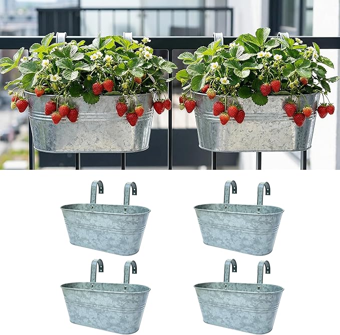LaLaGreen Outdoor Plants Rail Planter (16 Inch, 4 Pack) Silver Metal Iron Hanging Flower Pot Deck Railings Fence Bucket Modern Boho Style Wall Mount Window Box Plant Wall Hanger Hooks Porch Home Decor