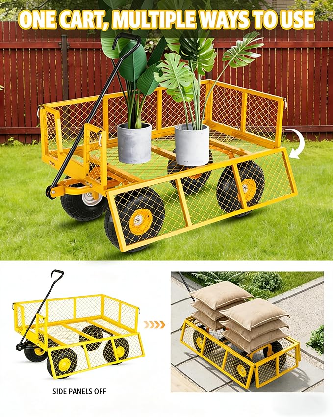 GarveeLife Heavy Duty Steel Garden Cart 500 LBS Capacity 3 in 1 Pullable Garden Wagon with 10 in Wheels for Gardening Soil, Tools, and Plant Transport