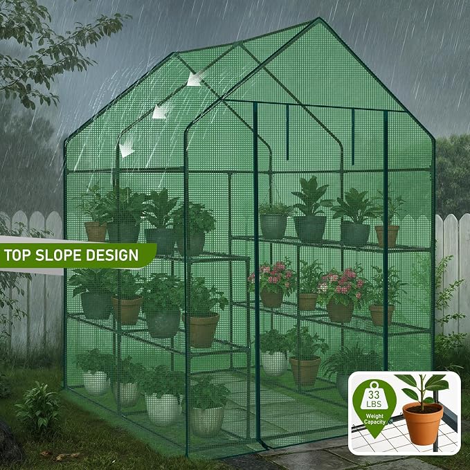 Outvita Walk-in Greenhouse, Outdoor Durable PE Plant Green House for Frost Protection with 3 Tiers 8 Shelves, Shelf Clips, Roll-up Zipper Door, 56"x56"x77" Green