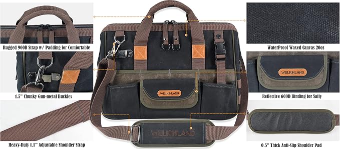 WELKINLAND 32-Pockets Waxed Canvas tool bag, Heavy-Duty Electrician tools bag, HVAC tool bags, Tool bag organizer, 16" Tools bag carrier for men, Tool bags for electricians