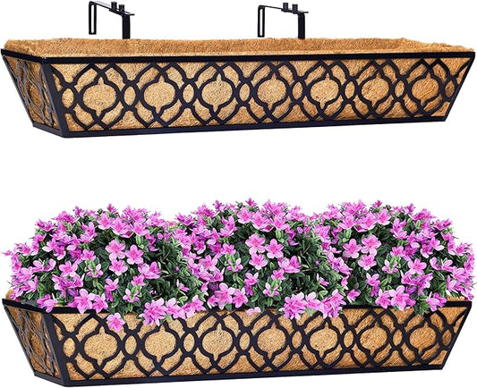HFHOME 2 Pcs 30" Deck Railing Planter Box with Horse Trough Coco Liners, Black Window Box Metal Hanging Flower Planters Baskets for Indoor, Outdoor, Balcony, Porch, Fence, Patio, and Lawn