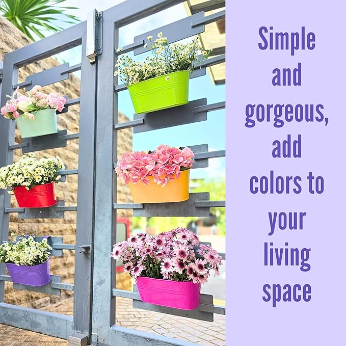 LaLaGreen Rail Planter (11.8 Inch, 6 Pack) Colorful Hanging Flower Railing Fence Balcony Gardening for Apartment Patio Planters Modern Garden Style Metal Iron Outdoor Deck Decoration Porch Decor Pots