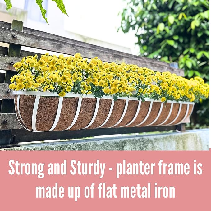 LaLaGreen Deck Railing Planter Boxes (2 Pack, 48 Inch) White Metal Rectangular Window Flower Box with Coco Liner, Wall Hanging Planters for Outdoor Plants Rail Fence Balcony Patio Porch Garden Decor