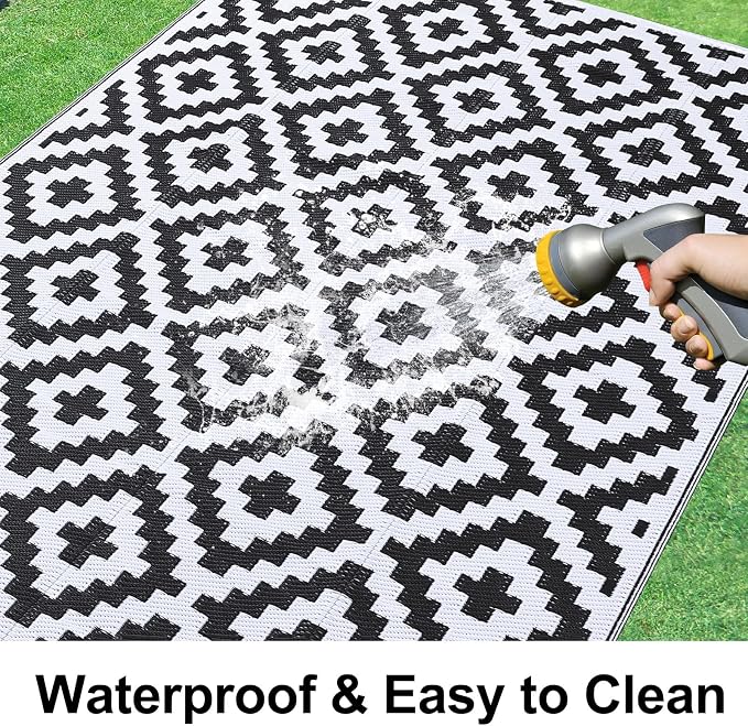 Smiry Waterproof Outdoor Rug 6x9 ft, Reversible Plastic Straw Patio Camping Rugs, Outdoor Indoor RV Mat Carpet for Patio, Outside Entry, Backyard, Deck, Bench, Picnic, Camper, Black & White