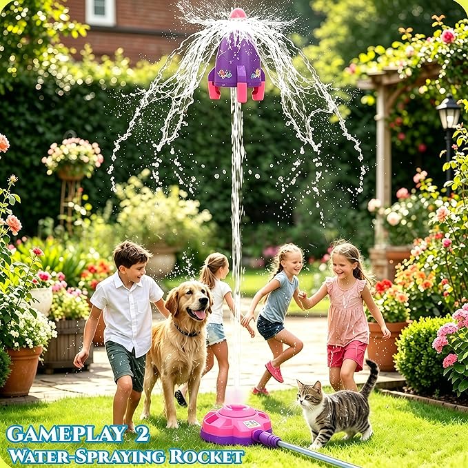 4-in-1 Upgraded Water Sprinkler Toy,Water-Spraying Rocket,Water Baseball,360°Rotating Sprinkler,Foot-Pump Rocket Launch,Outdoor/Yard/Garden/Lawn/Pool Summer Water Game for Kids Age3 4 5 6 7 8Boy Girls