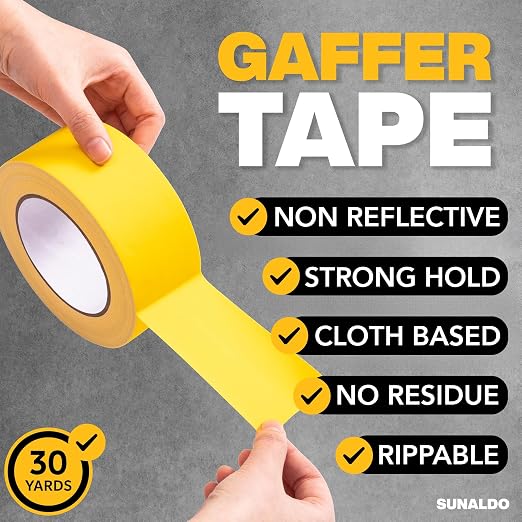Gaffers Tape Heavy Duty, Easy to Rip, Residue-Free Professional Grade Floor Tape for Electrical Cords, Matte Finish Non Reflective, Weather Resistant (3, Yellow, 2" x 30 Yards)