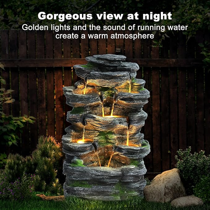 Garden Fountains Outdoor, 7-Tiers Cascading Rock Water Fountain, 24.4" H Waterfall Fountain Indoor with 6 LED Lights and Moss for Patio, Yard and Home Art Decor, Natural Stone Look