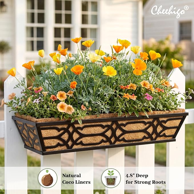 2 Pack 30 Inch Railing Planter Boxes with Coco Liner, Large Metal Window Boxes Planters for Deck Railing, Extra Wide Hanging Horse Trough for Outdoor Plants and Balcony Rails