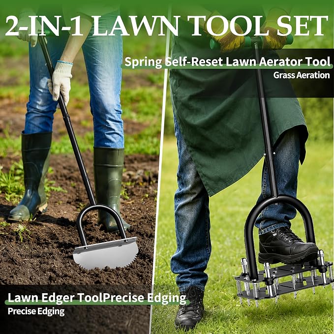 2026 Upgrade Manual Lawn Aerator Tool with a Replaceable Lawn Cutter, Spring‑Loaded Automatic Dirt and Loose Soil, Height Adjustable Metal Yard Aerator Lawn Aeration（Two Kit