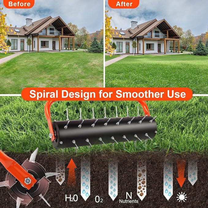 Rolling Lawn Aerator, 21" Soil Penetrator push Aerator for lawn,Preasembled Spike Garden Aerator Tool, 75" Adjustable Handle ,Heavy Duty Aerator lawn tool for garden,farm care,Keep the soil health.