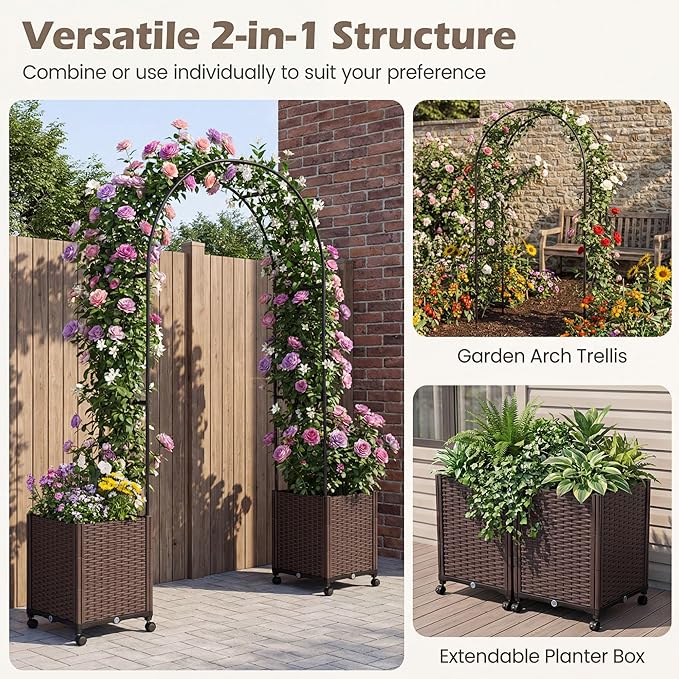 Giantex Metal Garden Arch Trellis Arbor with 2 Self-Watering Planter Boxes, 80" L x 16" W x 91" H PE-Coated Archway with Lockable Rolling Wheels for Climbing Vines, Yard Lawn Party Decorations