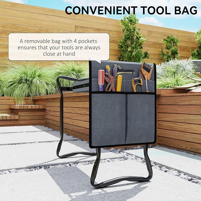 Outsunny Garden Kneeler Seat Stool Bench Kneeling Pad and 1 Large Side Tool Pouch & Easy Folding Design for Storage, Gray