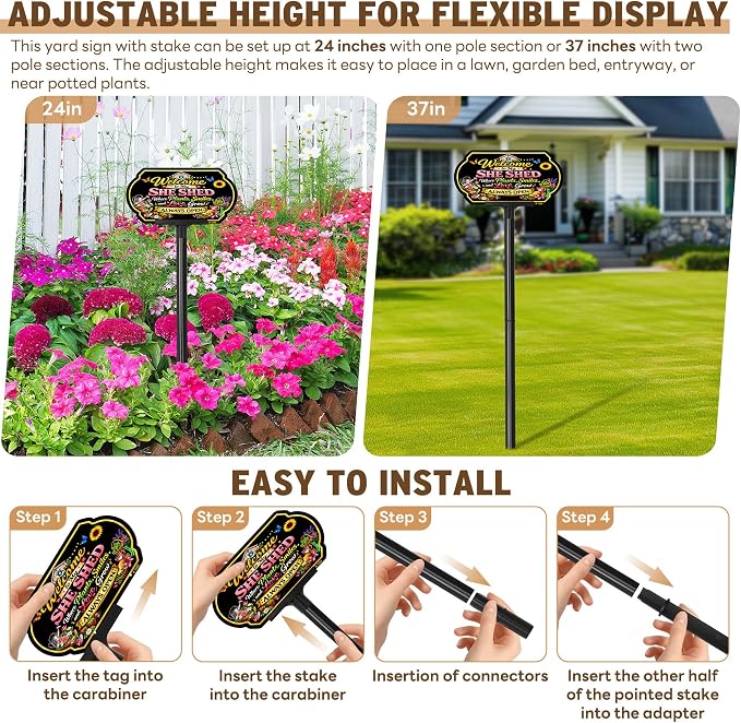 Welcome to My She Shed Garden Sign with Adjustable Stake, 10x5 Inch Aluminum Outdoor Yard Sign, Adjustable 24" & 37" Height, Weatherproof Outdoor Garden Decor for Outside, Gardening Gifts for Women