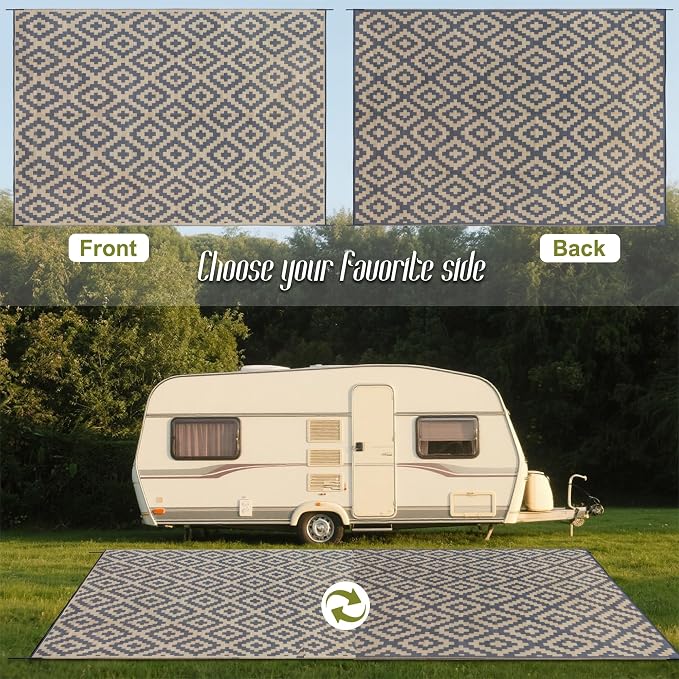 SAND MINE Reversible Mats, Plastic Straw Rug, Modern Area Rug, Large Floor Mat and Rug for Outdoors, RV, Patio, Backyard, Deck, Picnic, Beach, Trailer, Camping (10' x 14', Grey Tan Lattice)