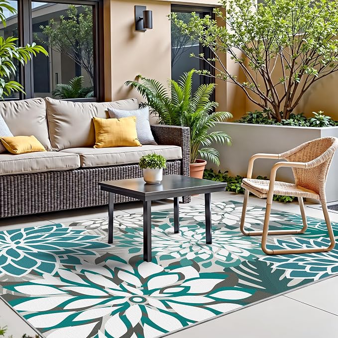 Colorful 4x6 Outdoor Area Rug Washable Rugs Multicolored Patio Rug Tropical Botanical Floral Chenille Outdoor Carpet Non Slip for RV, Pool Deck, Backyard, Porch, Teal