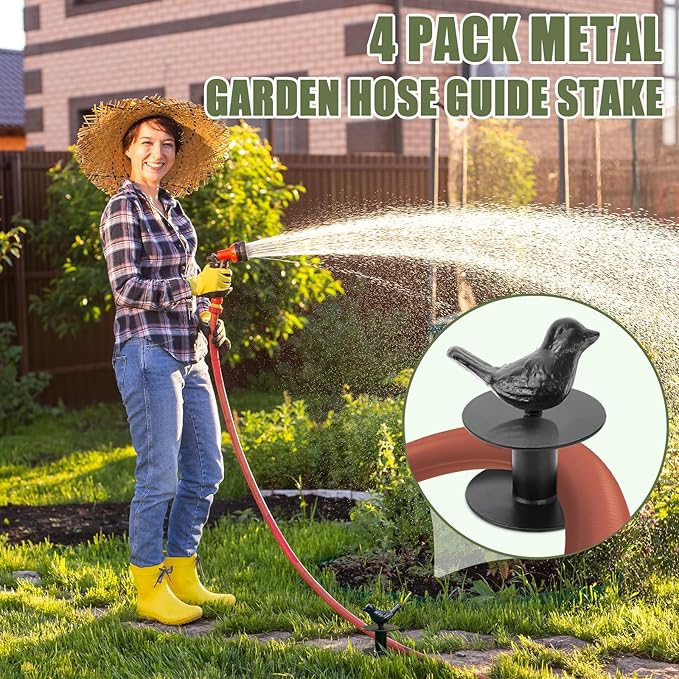 4 Pack Garden Hose Guide Stake Metal Spike 12 Inch Heavy Duty Hose Support Spike with Bird Design Protect for Outside Flower Beds Plant Yard Garden