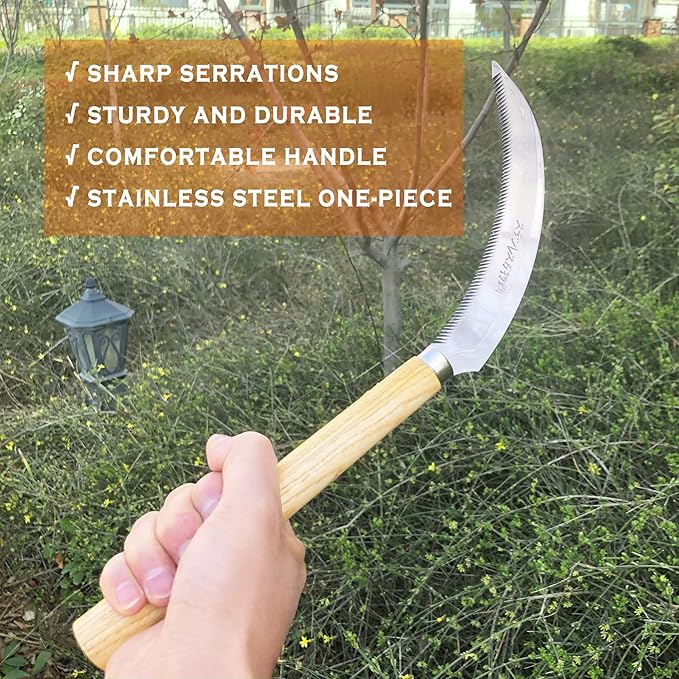 Grass Sickle with Sawtooth Japanese Weeding Hoe Weeding Tools for Garden High Toughness Stainless Steel with Hard Solid Wood Handle(Yellow)