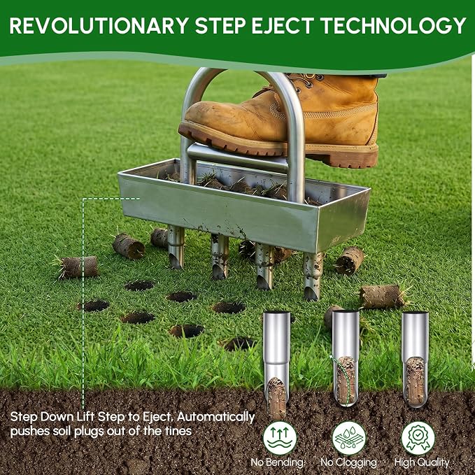 Lawn Coring Aerator, Manual Lawn Aerator Tool with 4 Stainless Steel Plug Corer, Pre-Assembled Grass Aerating Tool with Soil Core Storage Tray for Yard Garden Compacted Soil & Lawn Care