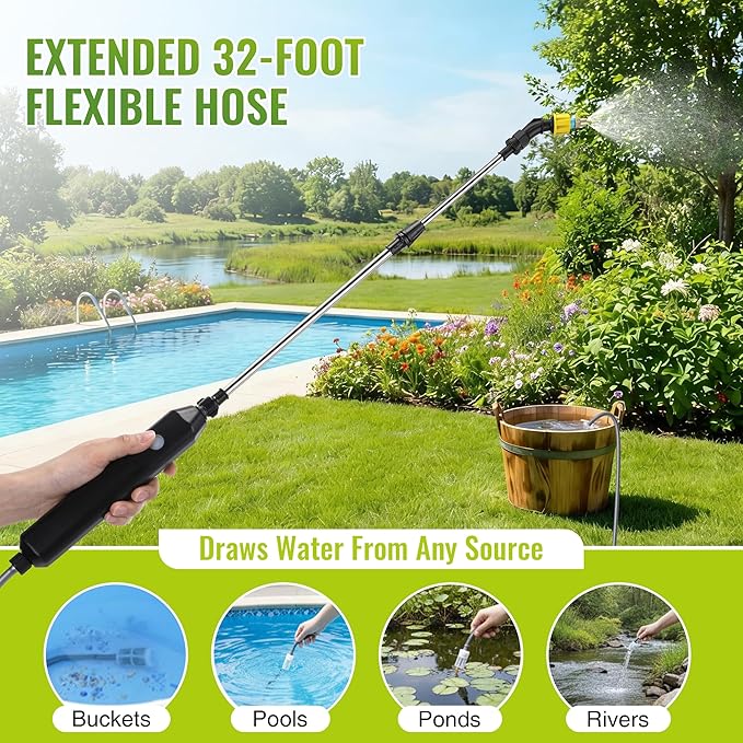 Battery Powered Sprayer Wand, 32 FT Hose, 32 Inch Electric Pump Sprayer with 3 Adjustable Speeds, Battery Indicator, Rechargeable Garden Sprayers for Plant Watering, Cleaning & Outdoor Use