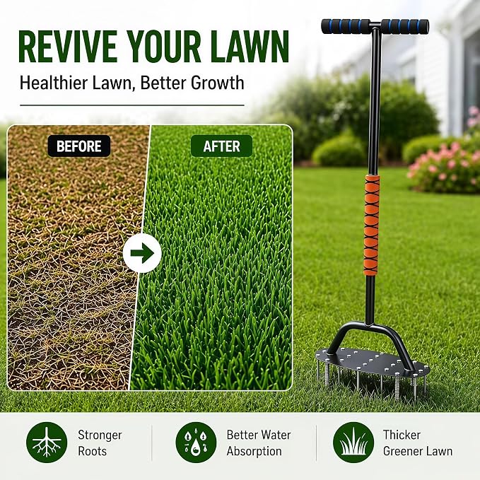 Upgraded Lawn Aerator Tool, 17-Spike Manual Grass Aerator with Automatic Dirt Clean & Double-Layer Spring, Heavy Duty Soil Loosener with T-Handle, Yard Lawn Care Tool, Includes Gloves