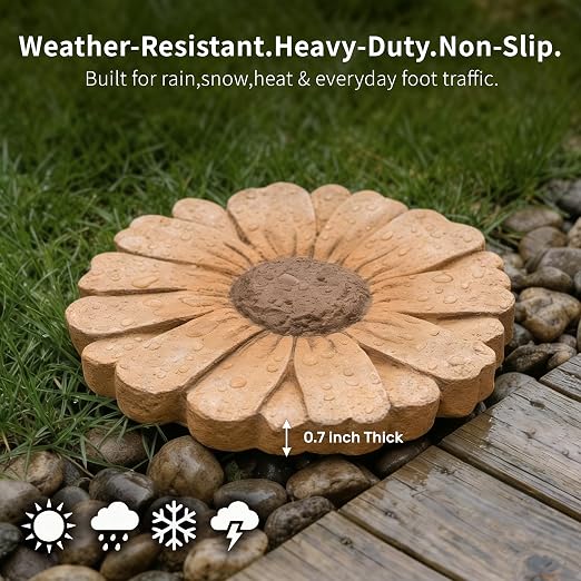 Heavy Duty Concrete Stepping Stone 10 Inch Daisy Design, Non Slip Garden Pathway Stone for Outdoor Walkway Yard Patio Lawn (Orange)