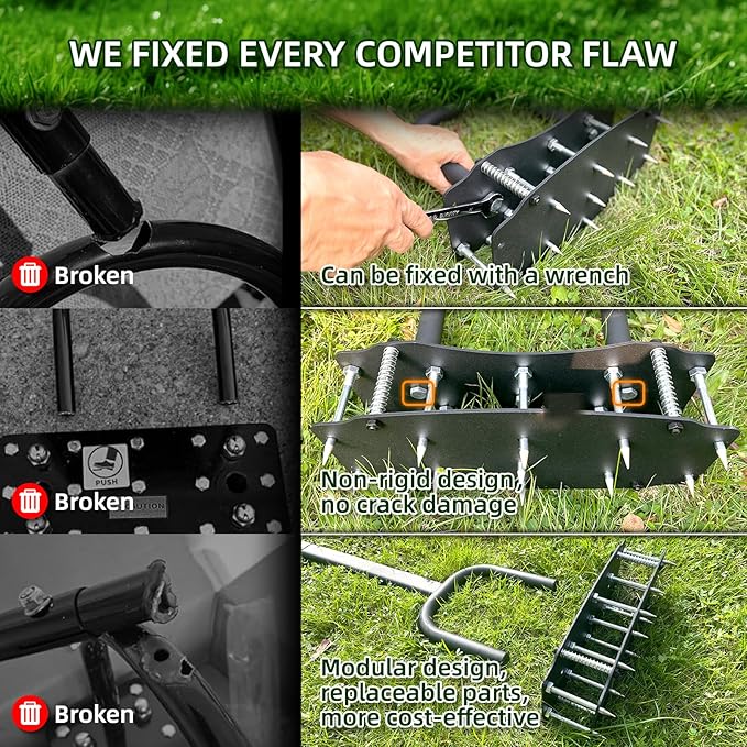 11-Spike Lawn Aerator, Heavy Duty Steel Manual Aeration Tool for Yard | Anti-Clog Design, 12.2”x6” Wide Pre-Assembled Base, Heavy Duty Steel Lawn Aeration Tool for Yard Lawn Soil Aeration