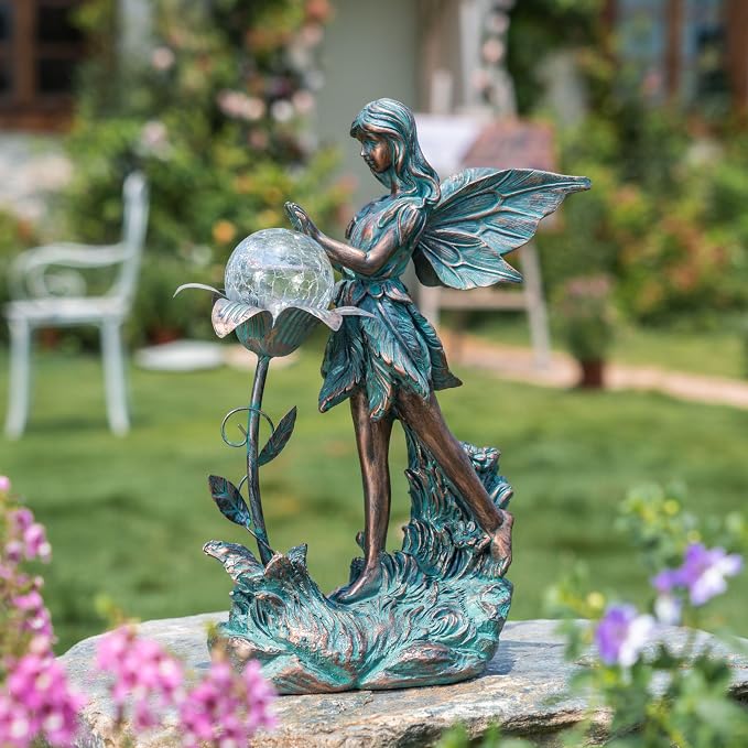 TERESA'S COLLECTIONS Garden Fairy Large Bronze Garden Sculptures & Statues Resin with Solar Outdoor Light, Valentines Decorations Lawn Ornaments for Outdoor Decor, Gifts for Women Mom, 11"