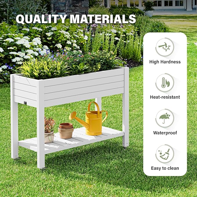 33.7" Tall Raised Garden Bed with Wheels, Divisible Resin Planter Box with Drainage Gauge & Storage Shelf, Herb Planter for Garden Patio Backyard, Cool White (33.7" h)