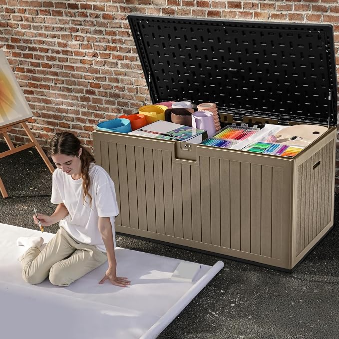 DWVO 260 Gallon Resin Outdoor Storage Box, XXL Double-Wall Waterproof Deck Box with Divider, Doubles as Table or Seating with 1000 lbs Capacity, Lockable (Black&Brown)