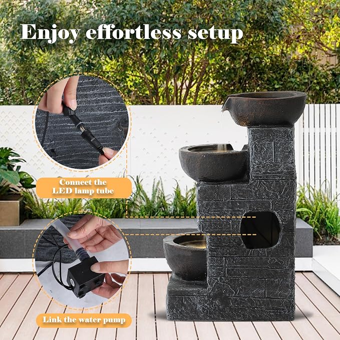 4-Tier Outdoor Garden Water Fountain, 22" H Modern Resin Cascading Bowls Fountain with LEDs and Pump, Freestanding Fountains and Waterfalls for Yard, Porch and Patio Indoor Decor (Brown)