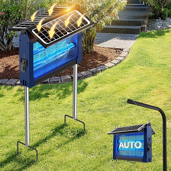 Solar Bug Zapper Outdoor, Dual Solar Panels, 4500V Waterproof Portable Mosquito Zappers, Cordless Fly Trap w/Auto Mode, Rechargeable Mosquitoes Insect Killer for Patio Yard Garden Camping (Blue)