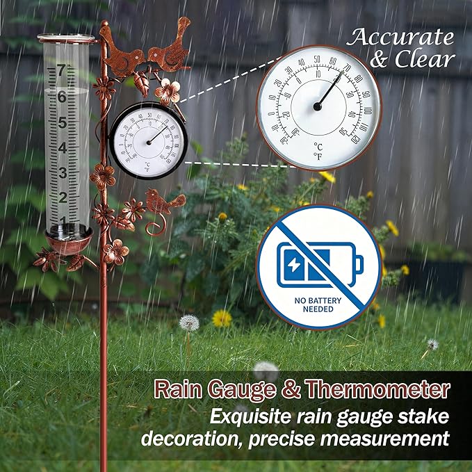 Accurate Rain Gauge with Thermometer, 7" Rain Gauges Outdoors Best Rated, Freeze Proof & Weatherproof, Large Rain Gauge Outdoor Decorative for Yard Lawn Garden(Hummingbird & Flower)
