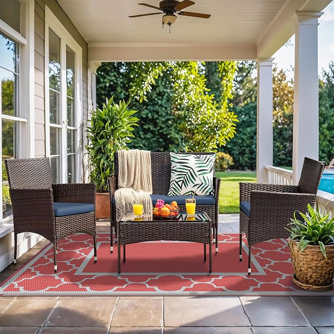 GENIMO 8' x 10' Outdoor Rug Waterproof for Patio Decor, Foldable Reversible Plastic Straw Area Rugs Mat for Camper, Outside Carpet for Rv, Deck, Porch, Picnic, Beach, Balcony, Red & Grey