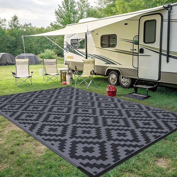 Smiry Waterproof Outdoor Rug 8x10 ft, Reversible Plastic Straw Patio Camping Rugs, Outdoor Indoor RV Mat Carpet for Patio, Outside Entry, Backyard, Deck, Bench, Picnic, Camper, Black & Grey